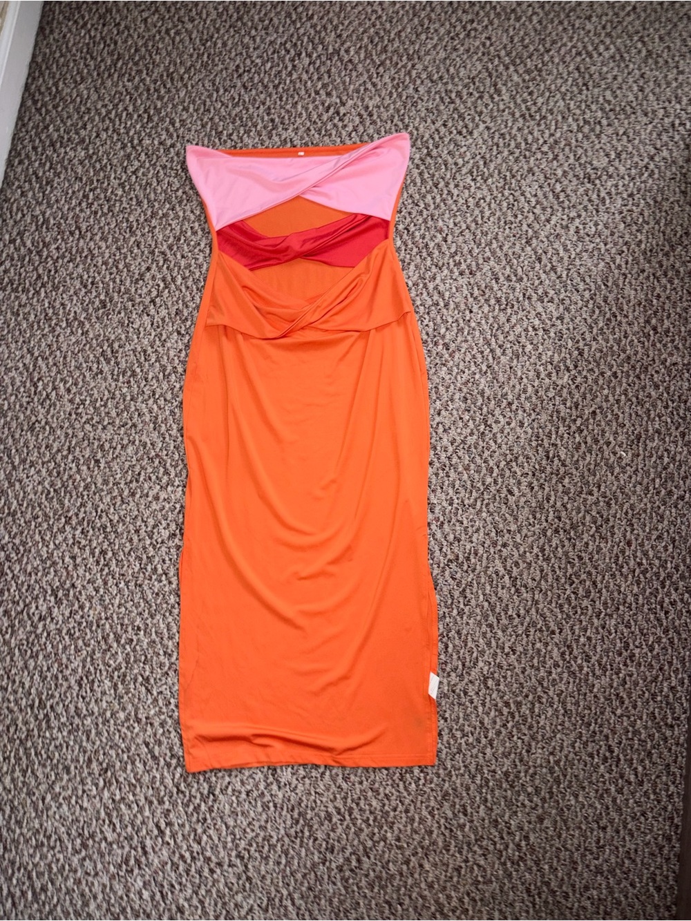 Strapless Colorblock Orange Midi Dress with Pink & Red Accents